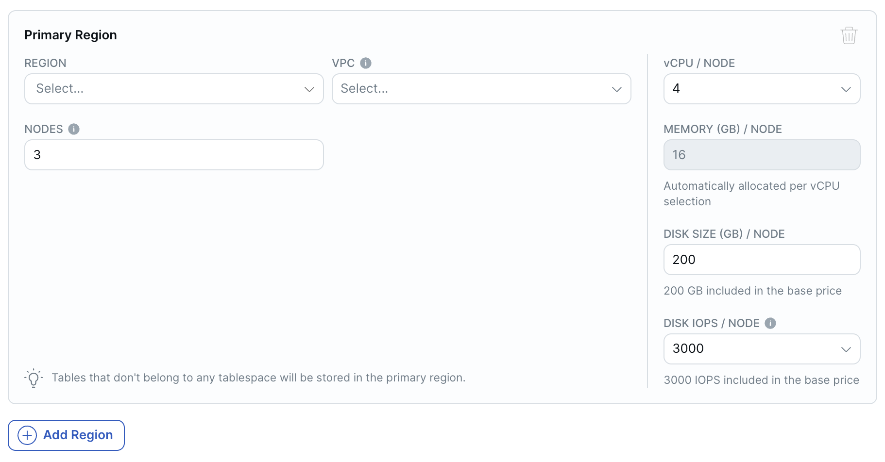 Add Cluster Wizard - Primary region and size