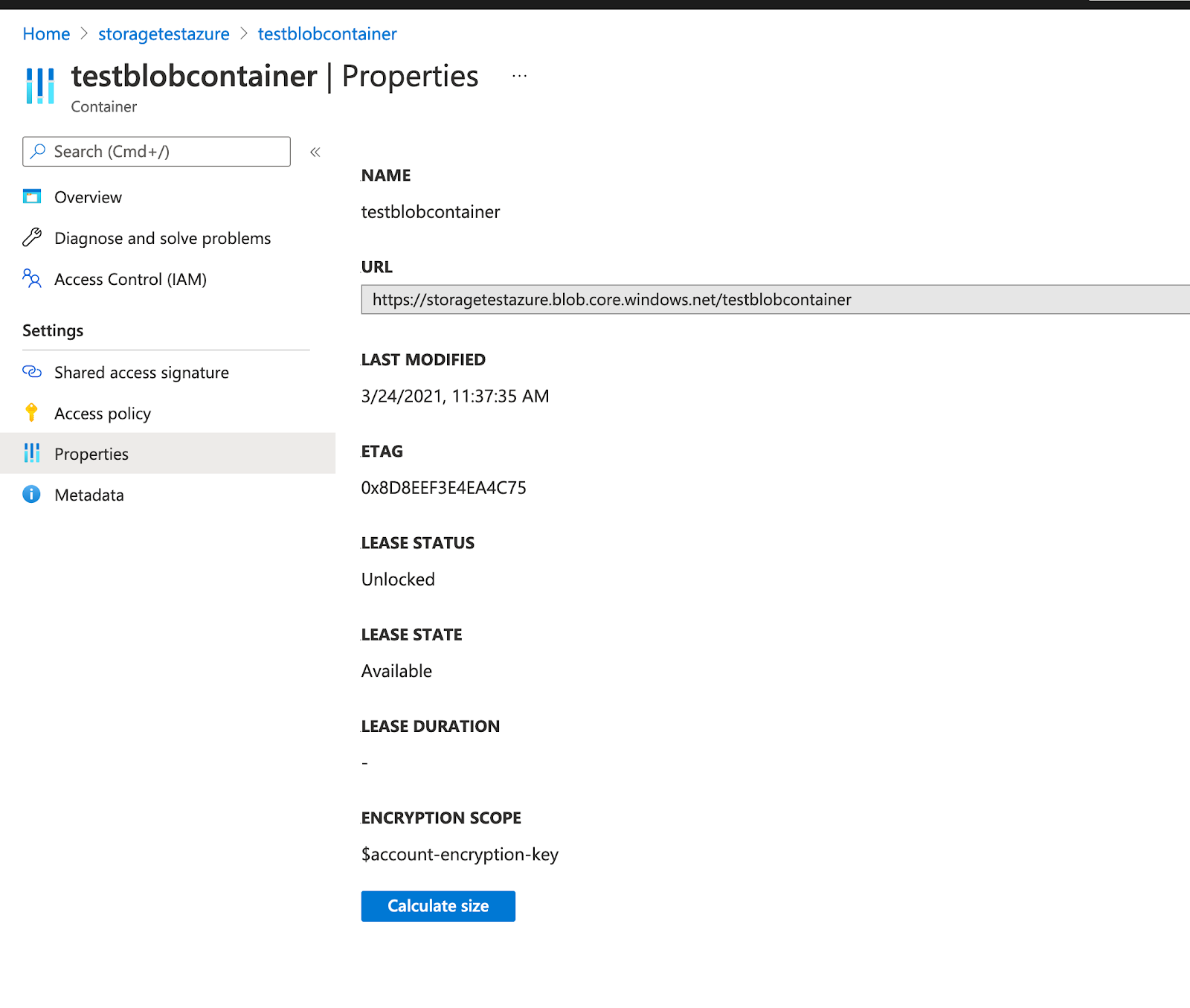 Azure container properties